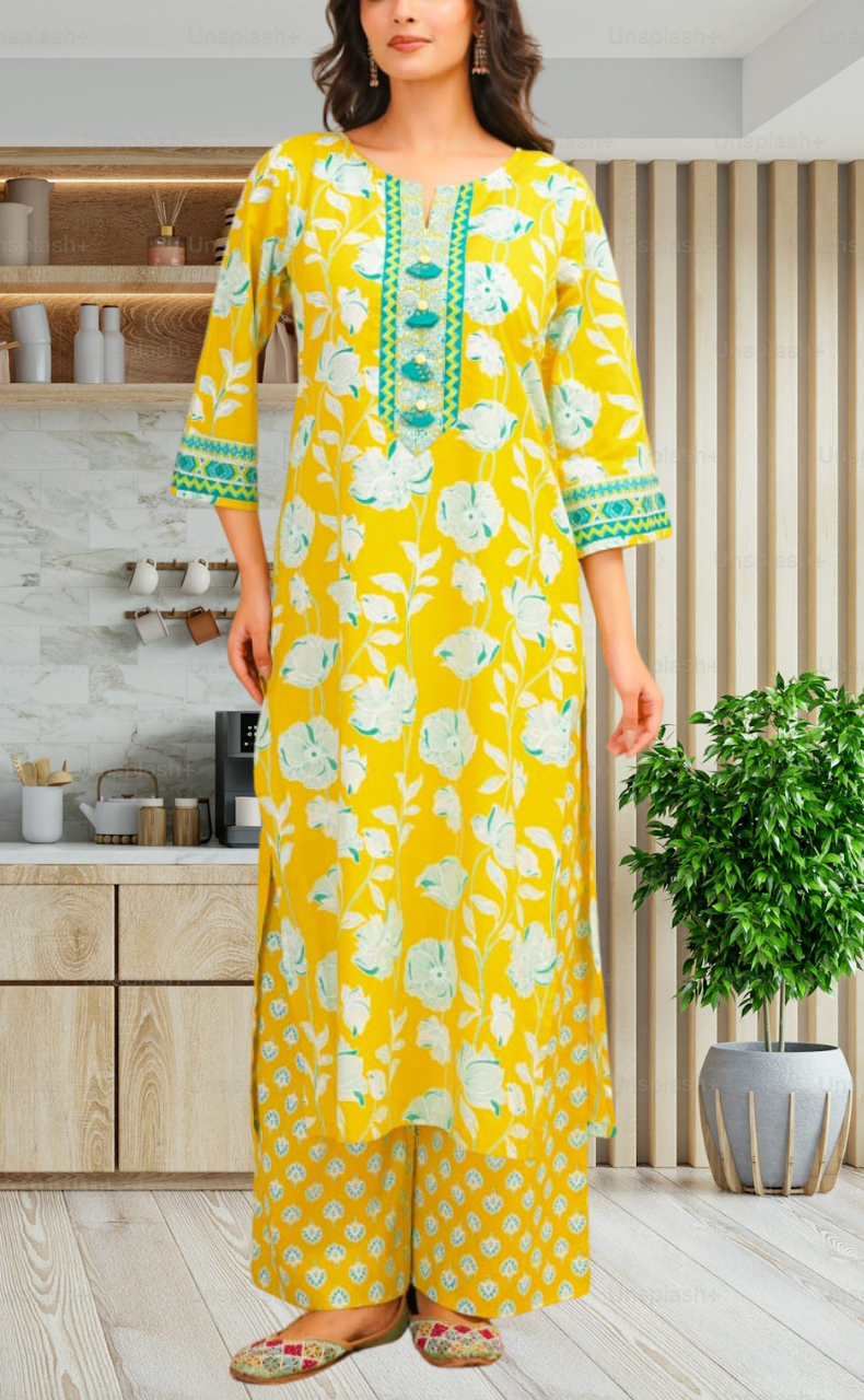 Yellow Floral Jaipur Cotton Kurti With Pant And Dupatta Set. Pure Versatile Cotton. | Laces and Frills - Laces and Frills