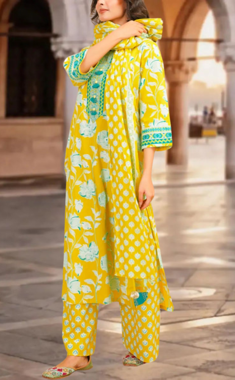 Yellow Floral Jaipur Cotton Kurti With Pant And Dupatta Set. Pure Versatile Cotton. | Laces and Frills