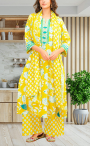Yellow Floral Jaipur Cotton Kurti With Pant And Dupatta Set. Pure Versatile Cotton. | Laces and Frills - Laces and Frills