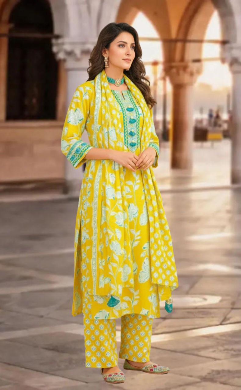 Yellow Floral Jaipur Cotton Kurti With Pant And Dupatta Set. Pure Versatile Cotton. | Laces and Frills