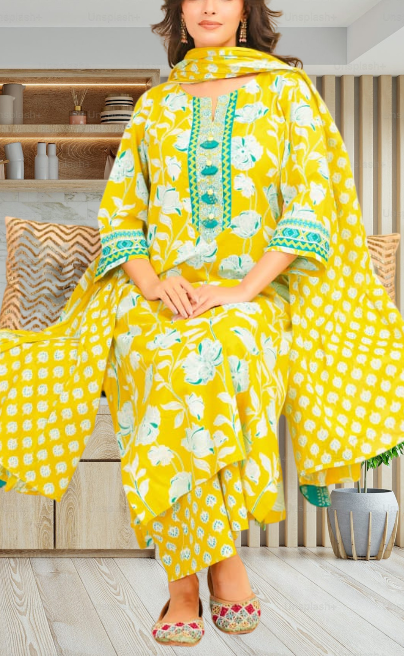 Yellow Floral Jaipur Cotton Kurti With Pant And Dupatta Set. Pure Versatile Cotton. | Laces and Frills - Laces and Frills
