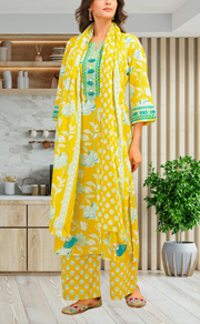 Yellow Floral Jaipur Cotton Kurti With Pant And Dupatta Set. Pure Versatile Cotton. | Laces and Frills - Laces and Frills