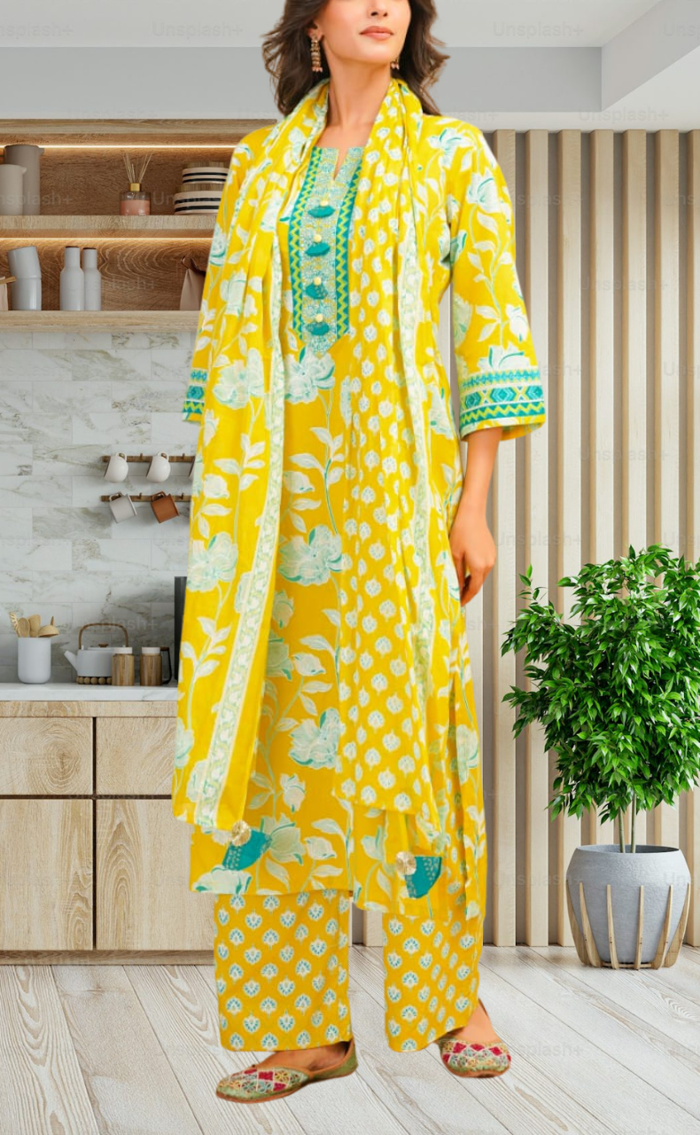Yellow Floral Jaipur Cotton Kurti With Pant And Dupatta Set. Pure Versatile Cotton. | Laces and Frills - Laces and Frills