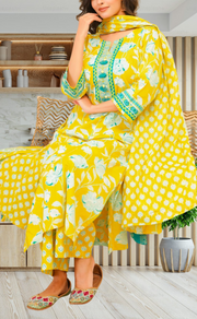 Yellow Floral Jaipur Cotton Kurti With Pant And Dupatta Set. Pure Versatile Cotton. | Laces and Frills - Laces and Frills