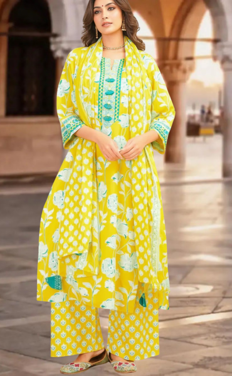 Yellow Floral Jaipur Cotton Kurti With Pant And Dupatta Set. Pure Versatile Cotton. | Laces and Frills