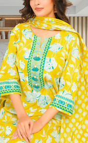Yellow Floral Jaipur Cotton Kurti With Pant And Dupatta Set. Pure Versatile Cotton. | Laces and Frills - Laces and Frills
