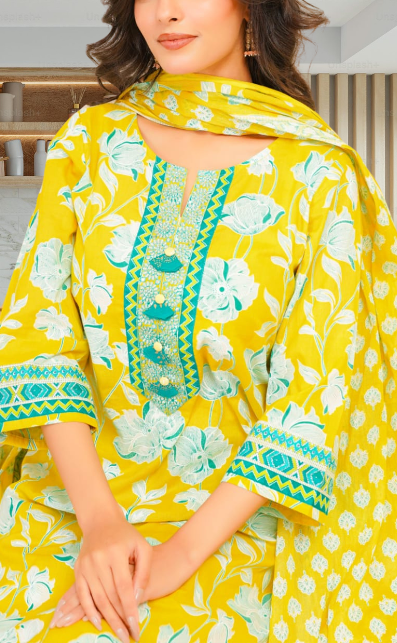 Yellow Floral Jaipur Cotton Kurti With Pant And Dupatta Set. Pure Versatile Cotton. | Laces and Frills - Laces and Frills