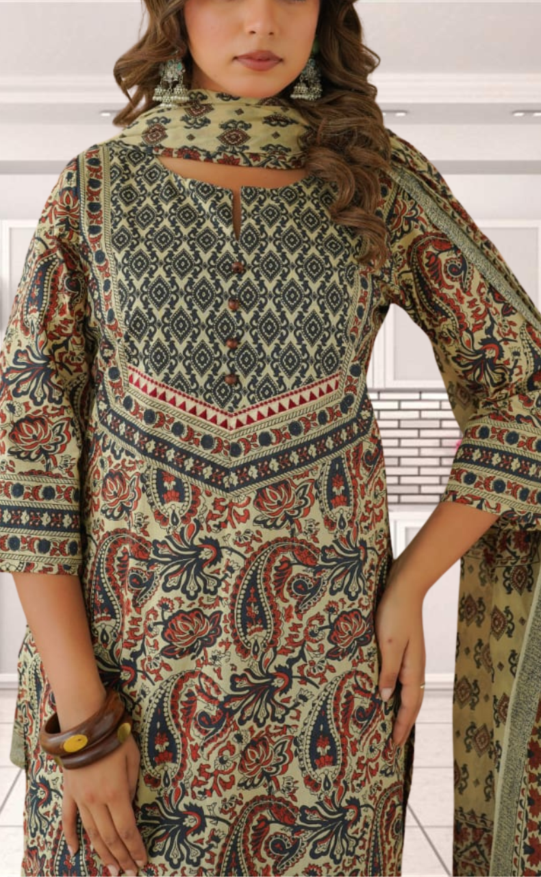 Off White/Maroon Floral Garden Jaipur Cotton Kurti With Pant And Dupatta Set. Pure Versatile Cotton. | Laces and Frills