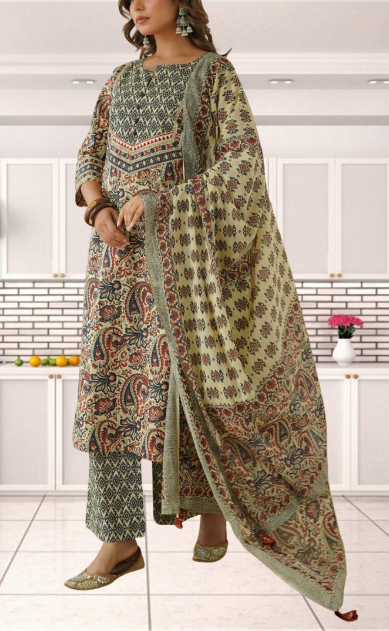 Off White/Maroon Floral Garden Jaipur Cotton Kurti With Pant And Dupatta Set. Pure Versatile Cotton. | Laces and Frills