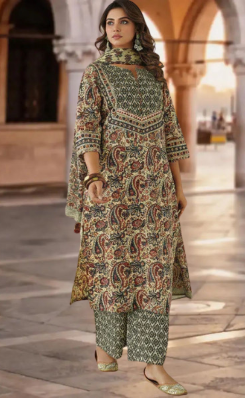 Off White/Maroon Floral Garden Jaipur Cotton Kurti With Pant And Dupatta Set. Pure Versatile Cotton. | Laces and Frills