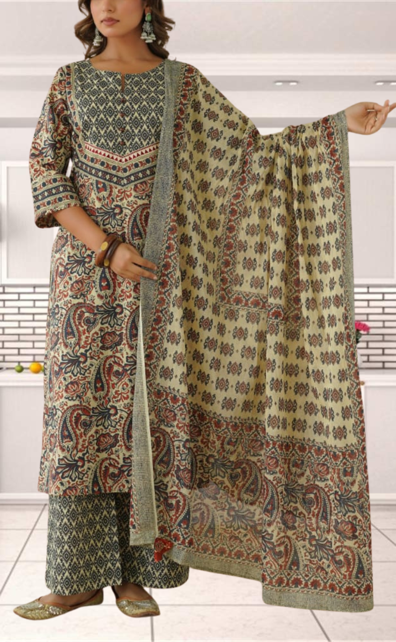 Off White/Maroon Floral Garden Jaipur Cotton Kurti With Pant And Dupatta Set. Pure Versatile Cotton. | Laces and Frills