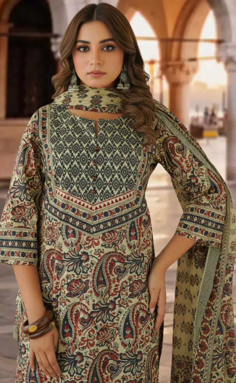 Off White/Maroon Floral Garden Jaipur Cotton Kurti With Pant And Dupatta Set. Pure Versatile Cotton. | Laces and Frills