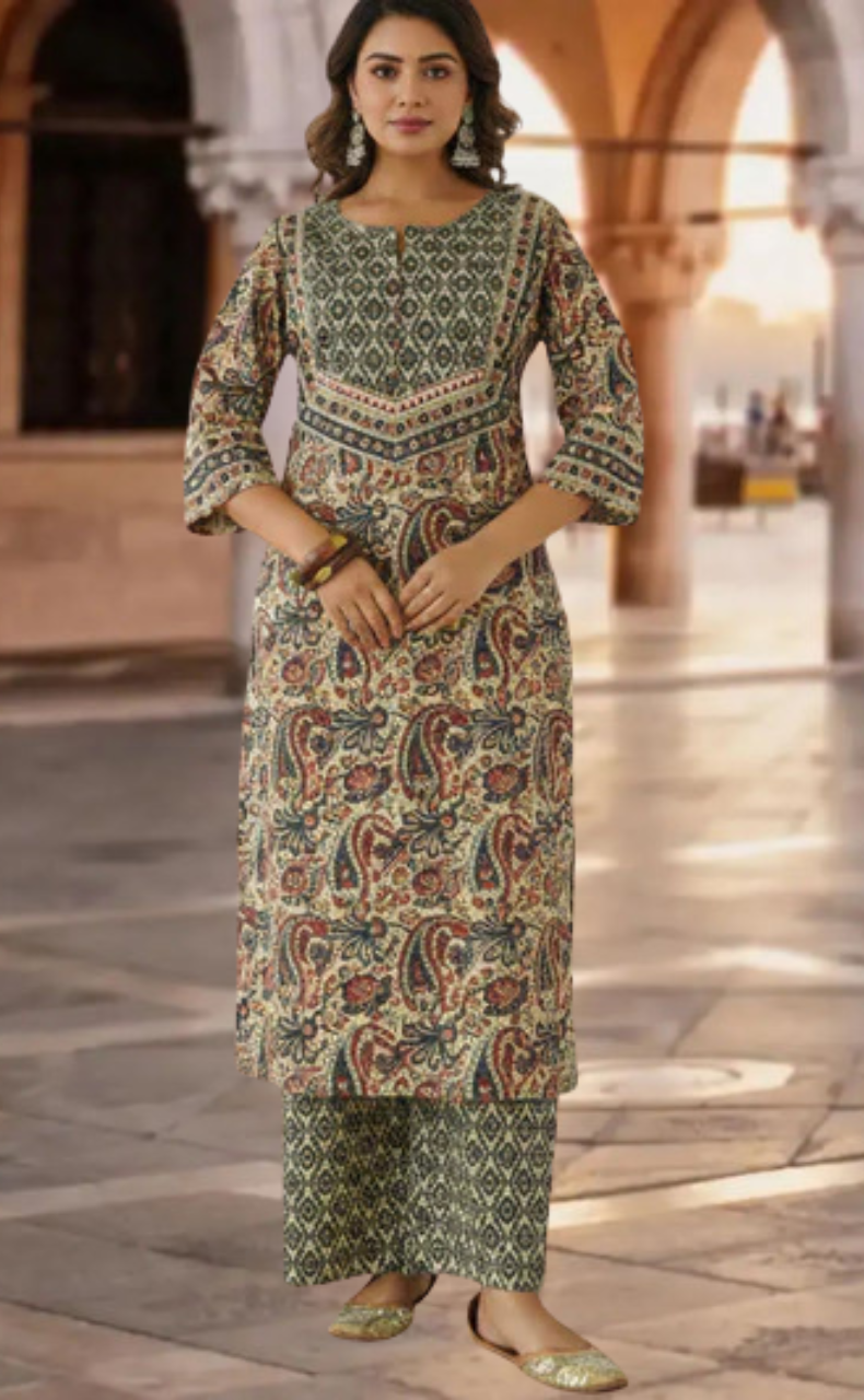 Off White/Maroon Floral Garden Jaipur Cotton Kurti With Pant And Dupatta Set. Pure Versatile Cotton. | Laces and Frills