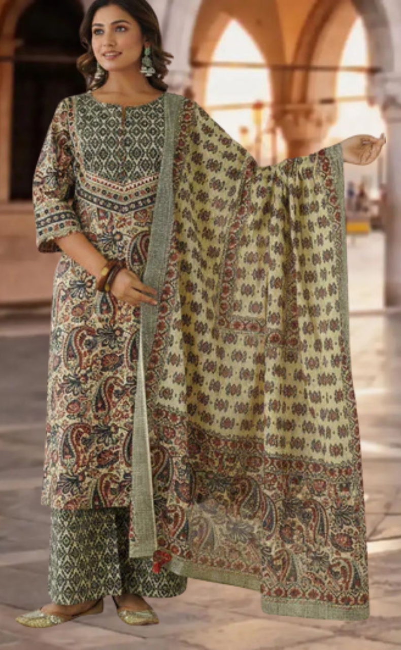 Off White/Maroon Floral Garden Jaipur Cotton Kurti With Pant And Dupatta Set. Pure Versatile Cotton. | Laces and Frills