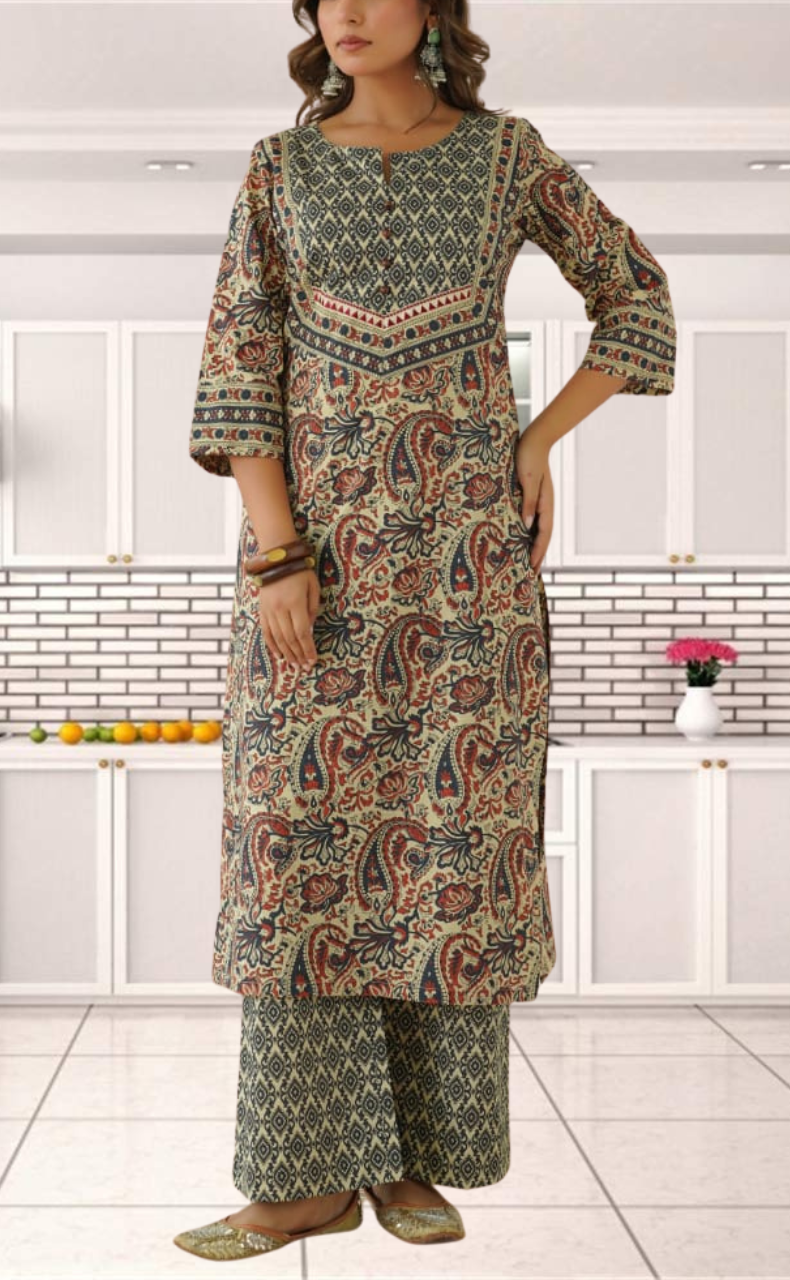 Off White/Maroon Floral Garden Jaipur Cotton Kurti With Pant And Dupatta Set. Pure Versatile Cotton. | Laces and Frills