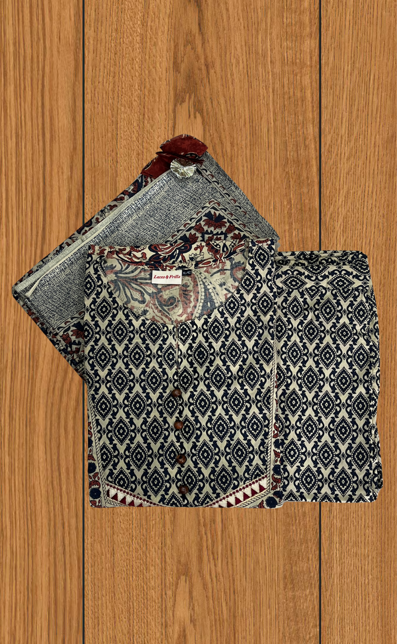 Off White/Maroon Floral Garden Jaipur Cotton Kurti With Pant And Dupatta Set. Pure Versatile Cotton. | Laces and Frills