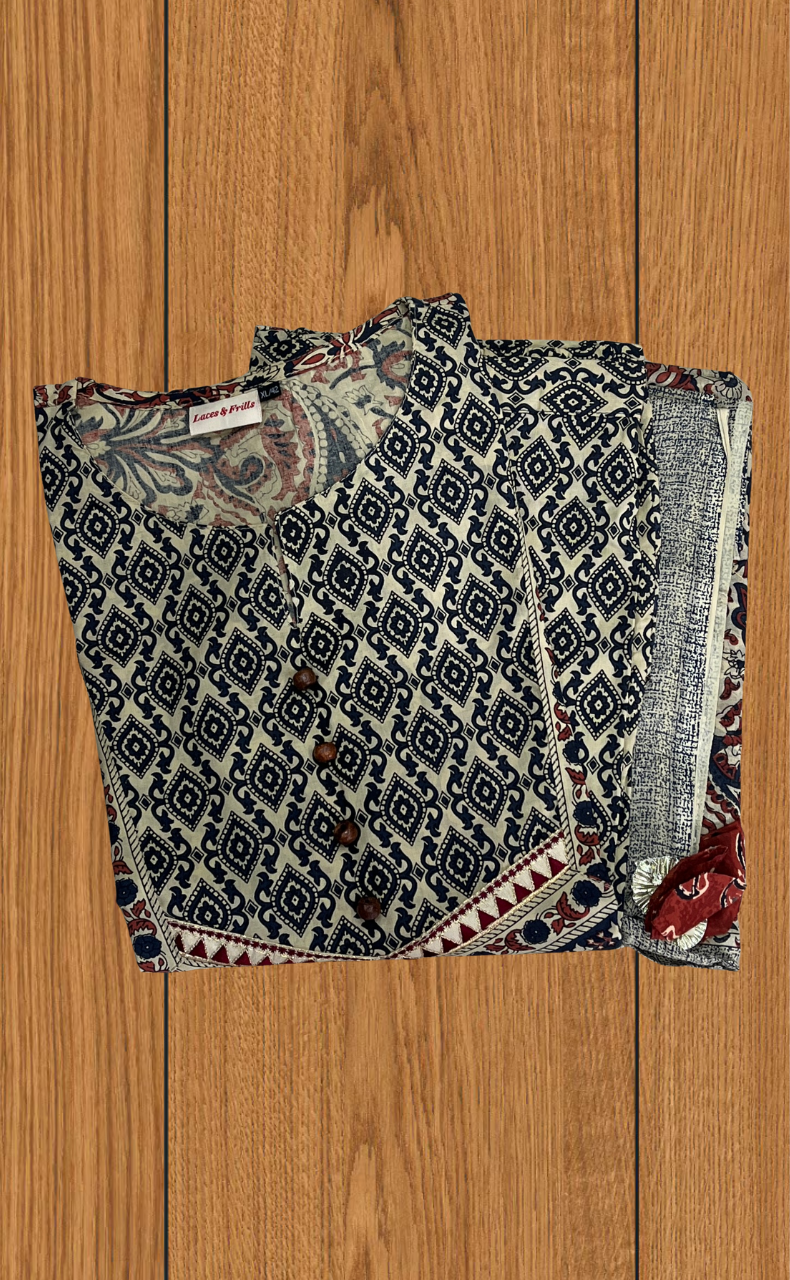 Off White/Maroon Floral Garden Jaipur Cotton Kurti With Pant And Dupatta Set. Pure Versatile Cotton. | Laces and Frills