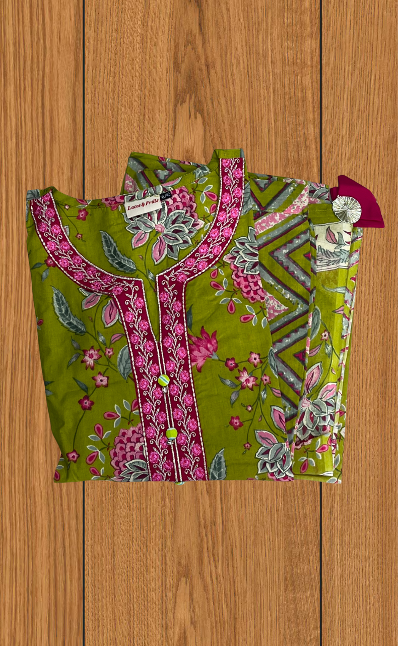 Green Garden Jaipur Cotton Kurti With Pant And Dupatta Set. Pure Versatile Cotton. | Laces and Frills - Laces and Frills