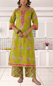 Green Garden Jaipur Cotton Kurti With Pant And Dupatta Set. Pure Versatile Cotton. | Laces and Frills - Laces and Frills