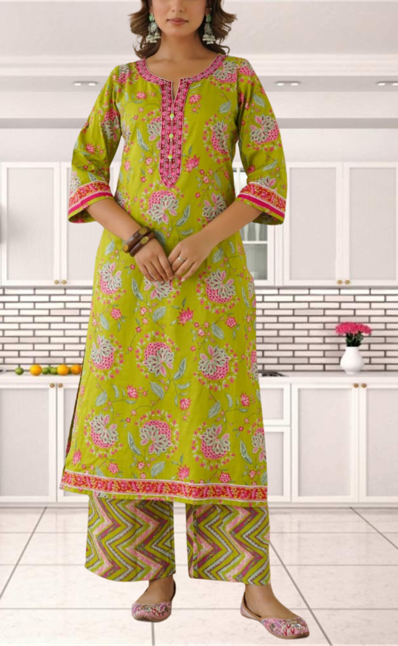 Green Garden Jaipur Cotton Kurti With Pant And Dupatta Set. Pure Versatile Cotton. | Laces and Frills - Laces and Frills