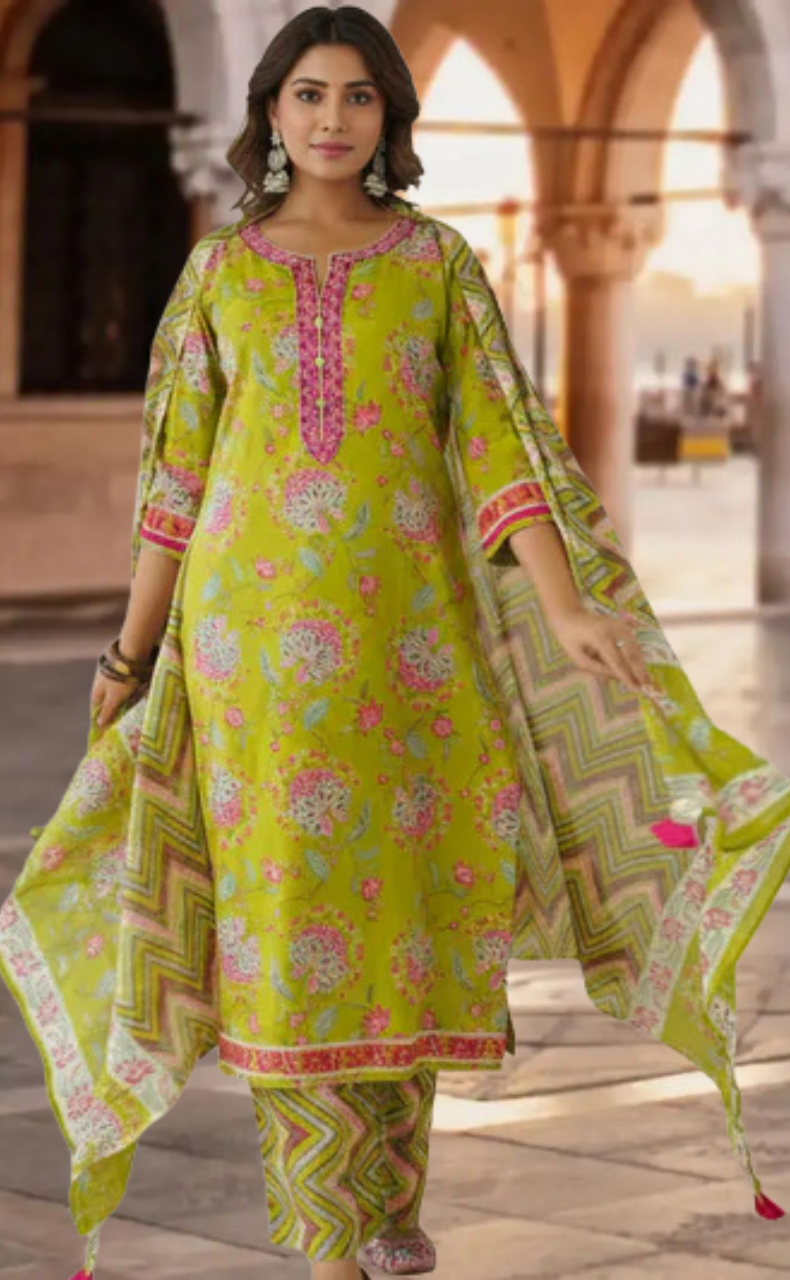Green Garden Jaipur Cotton Kurti With Pant And Dupatta Set. Pure Versatile Cotton. | Laces and Frills