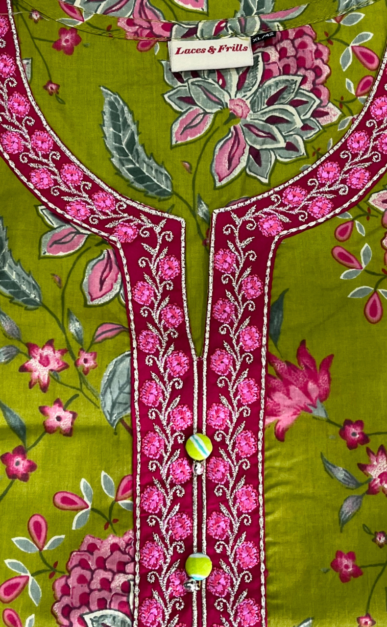 Green Garden Jaipur Cotton Kurti With Pant And Dupatta Set. Pure Versatile Cotton. | Laces and Frills - Laces and Frills