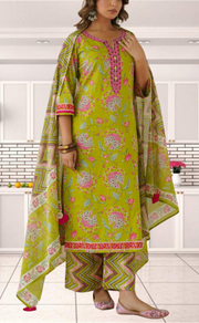 Green Garden Jaipur Cotton Kurti With Pant And Dupatta Set. Pure Versatile Cotton. | Laces and Frills - Laces and Frills