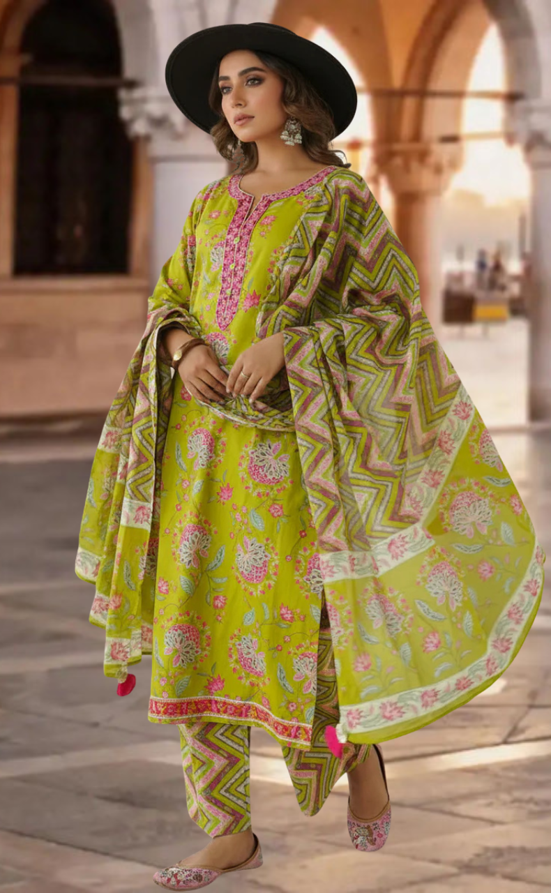 Green Garden Jaipur Cotton Kurti With Pant And Dupatta Set. Pure Versatile Cotton. | Laces and Frills