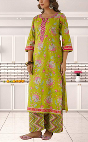 Green Garden Jaipur Cotton Kurti With Pant And Dupatta Set. Pure Versatile Cotton. | Laces and Frills - Laces and Frills