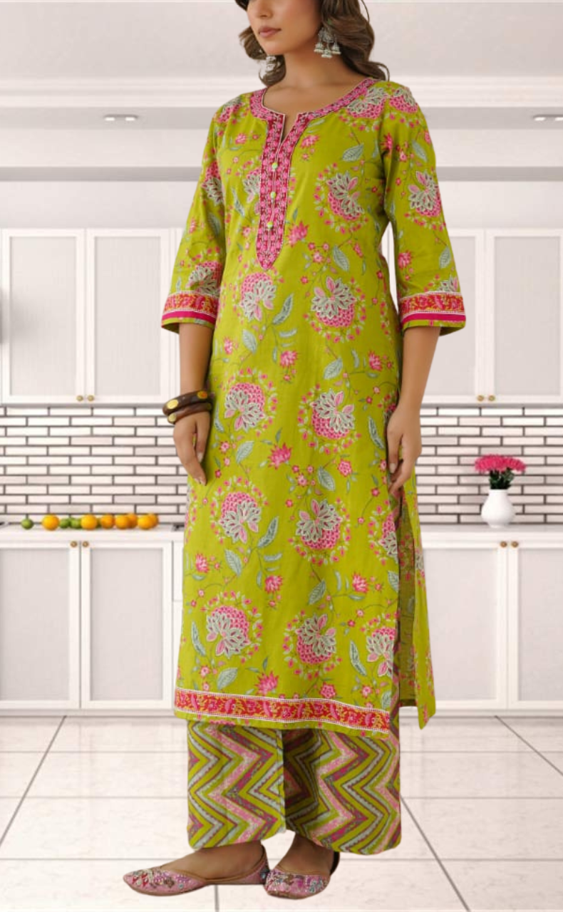 Green Garden Jaipur Cotton Kurti With Pant And Dupatta Set. Pure Versatile Cotton. | Laces and Frills - Laces and Frills