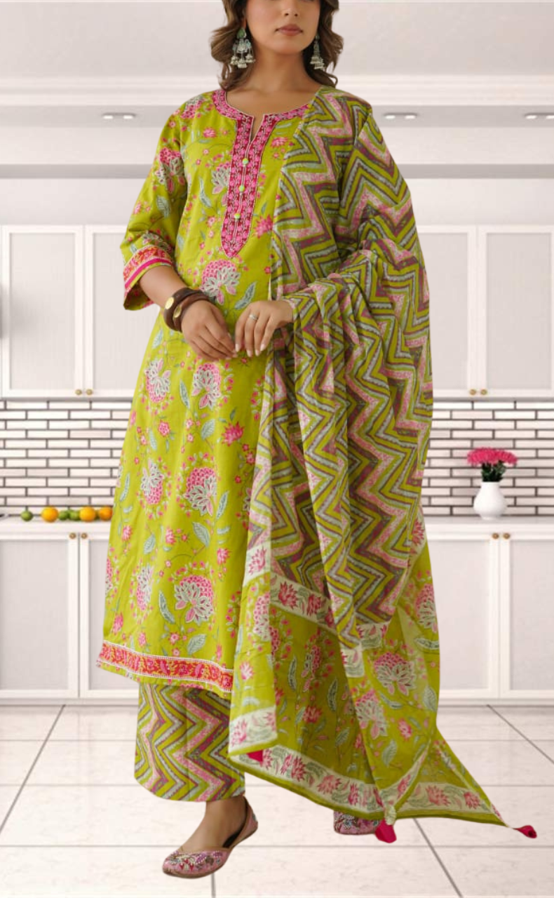 Green Garden Jaipur Cotton Kurti With Pant And Dupatta Set. Pure Versatile Cotton. | Laces and Frills - Laces and Frills