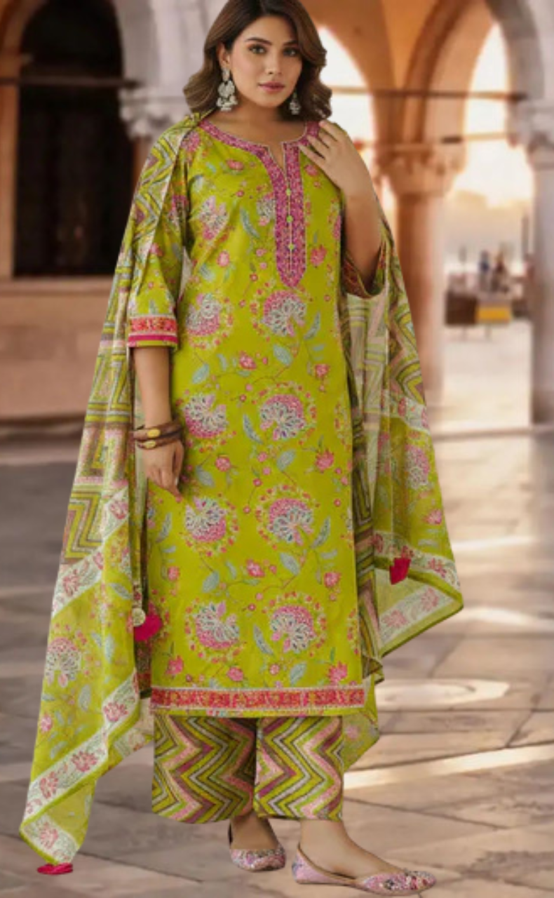 Green Garden Jaipur Cotton Kurti With Pant And Dupatta Set. Pure Versatile Cotton. | Laces and Frills
