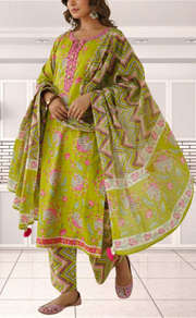 Green Garden Jaipur Cotton Kurti With Pant And Dupatta Set. Pure Versatile Cotton. | Laces and Frills - Laces and Frills