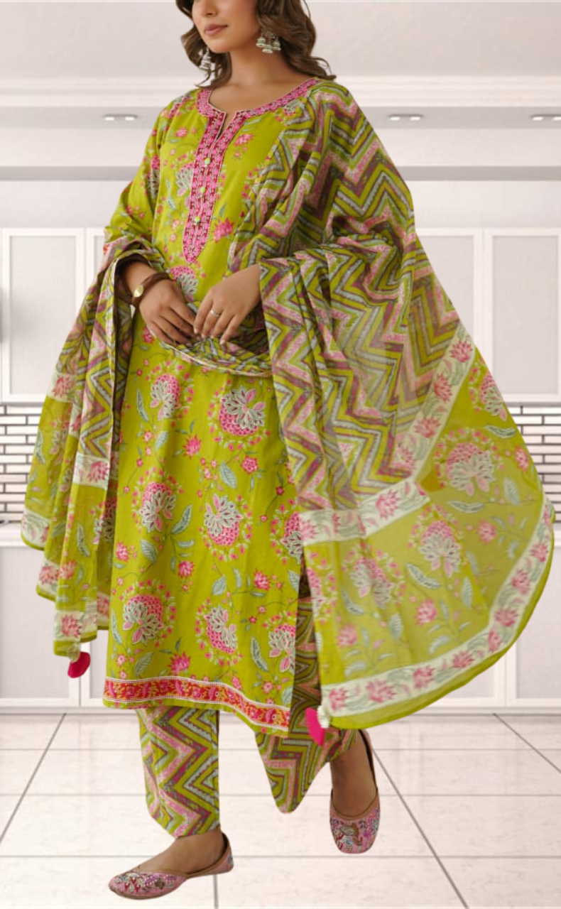 Green Garden Jaipur Cotton Kurti With Pant And Dupatta Set. Pure Versatile Cotton. | Laces and Frills - Laces and Frills