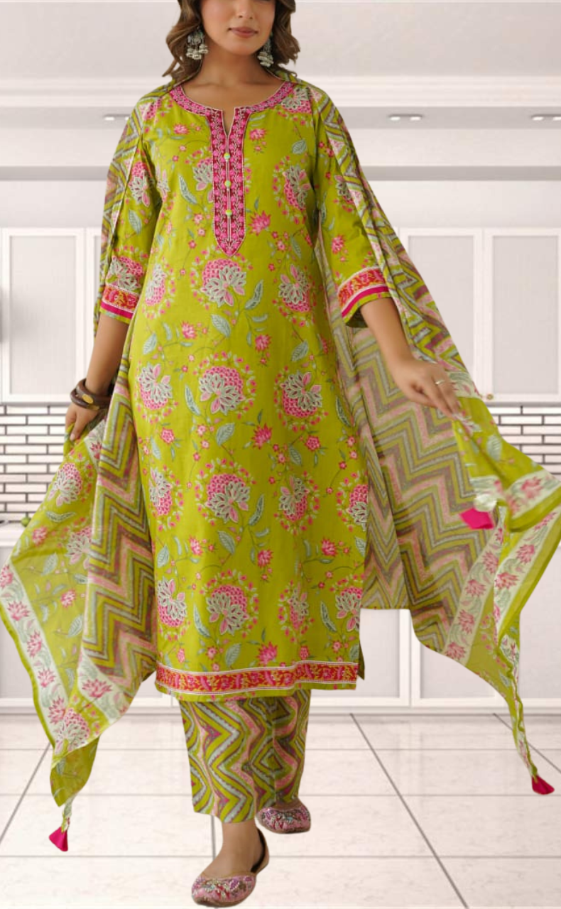 Green Garden Jaipur Cotton Kurti With Pant And Dupatta Set. Pure Versatile Cotton. | Laces and Frills - Laces and Frills