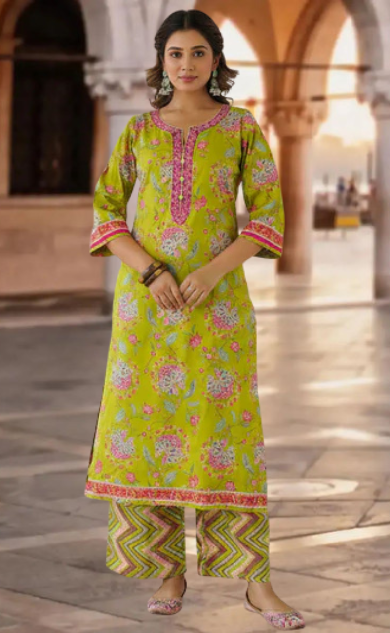 Green Garden Jaipur Cotton Kurti With Pant And Dupatta Set. Pure Versatile Cotton. | Laces and Frills