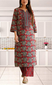 Maroon Ajrakh Print Jaipur Cotton Kurti With Pant And Dupatta Set. Pure Versatile Cotton. | Laces and Frills - Laces and Frills