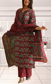 Maroon Ajrakh Print Jaipur Cotton Kurti With Pant And Dupatta Set. Pure Versatile Cotton. | Laces and Frills - Laces and Frills