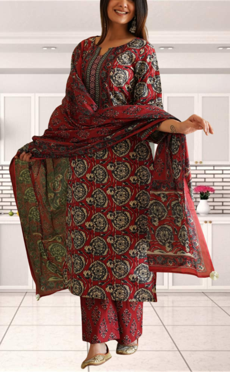 Maroon Ajrakh Print Jaipur Cotton Kurti With Pant And Dupatta Set. Pure Versatile Cotton. | Laces and Frills - Laces and Frills