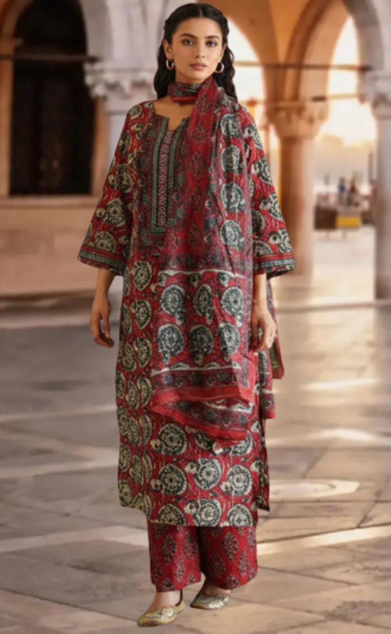 Maroon Ajrakh Print Jaipur Cotton Kurti With Pant And Dupatta Set. Pure Versatile Cotton. | Laces and Frills