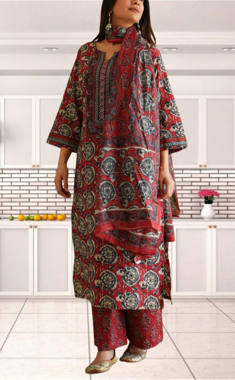 Maroon Ajrakh Print Jaipur Cotton Kurti With Pant And Dupatta Set. Pure Versatile Cotton. | Laces and Frills - Laces and Frills
