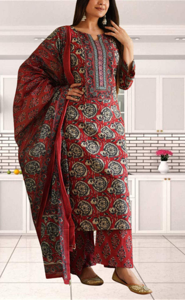 Maroon Ajrakh Print Jaipur Cotton Kurti With Pant And Dupatta Set. Pure Versatile Cotton. | Laces and Frills - Laces and Frills