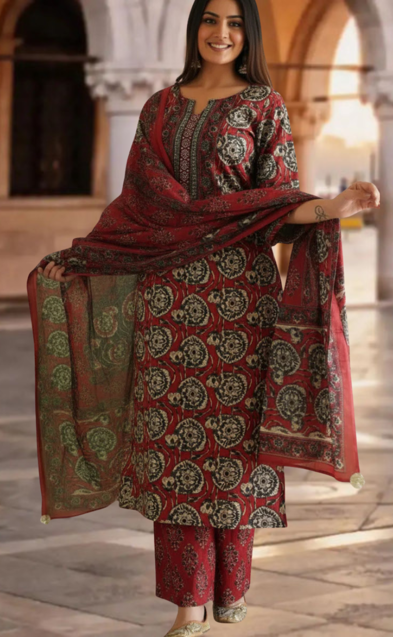 Maroon Ajrakh Print Jaipur Cotton Kurti With Pant And Dupatta Set. Pure Versatile Cotton. | Laces and Frills