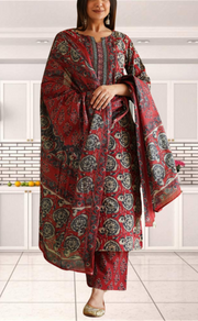 Maroon Ajrakh Print Jaipur Cotton Kurti With Pant And Dupatta Set. Pure Versatile Cotton. | Laces and Frills - Laces and Frills