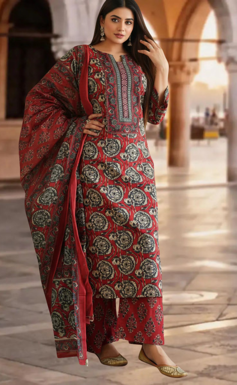 Maroon Ajrakh Print Jaipur Cotton Kurti With Pant And Dupatta Set. Pure Versatile Cotton. | Laces and Frills