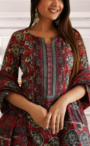 Maroon Ajrakh Print Jaipur Cotton Kurti With Pant And Dupatta Set. Pure Versatile Cotton. | Laces and Frills - Laces and Frills