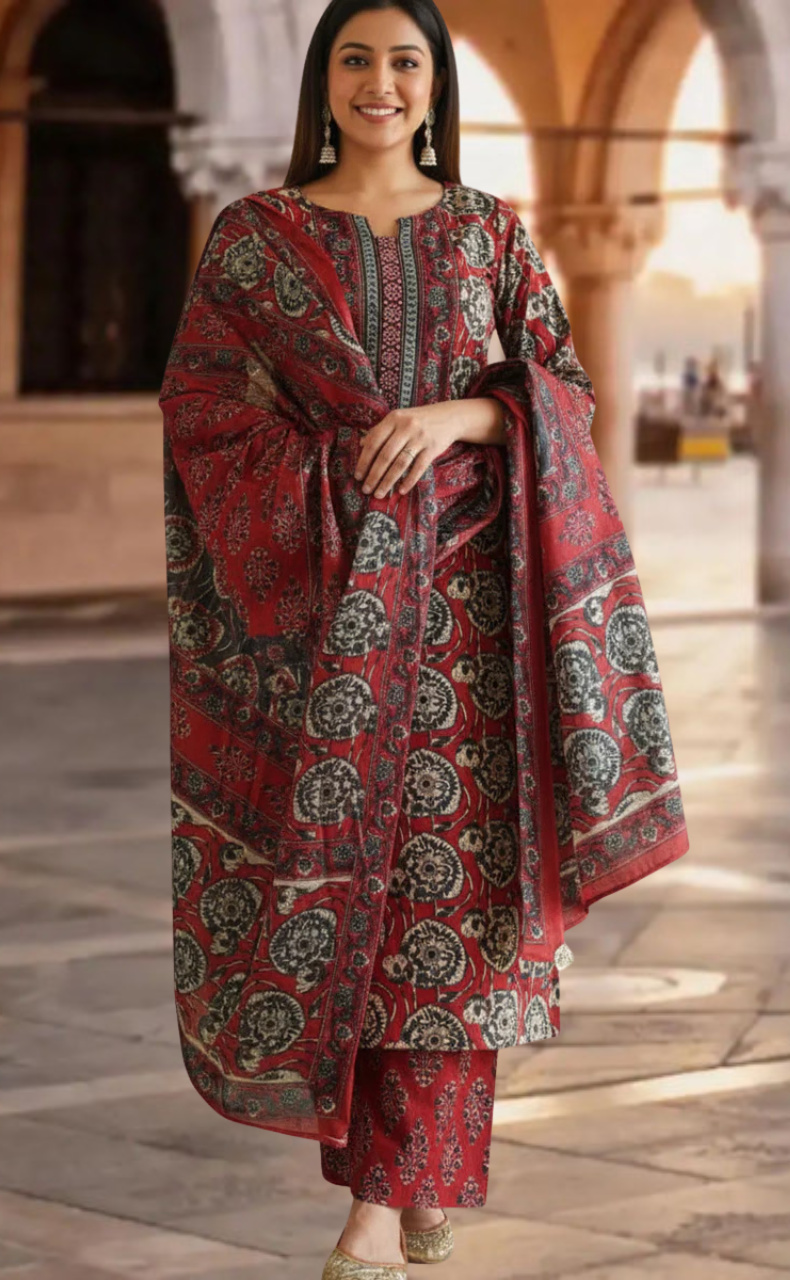 Maroon Ajrakh Print Jaipur Cotton Kurti With Pant And Dupatta Set. Pure Versatile Cotton. | Laces and Frills