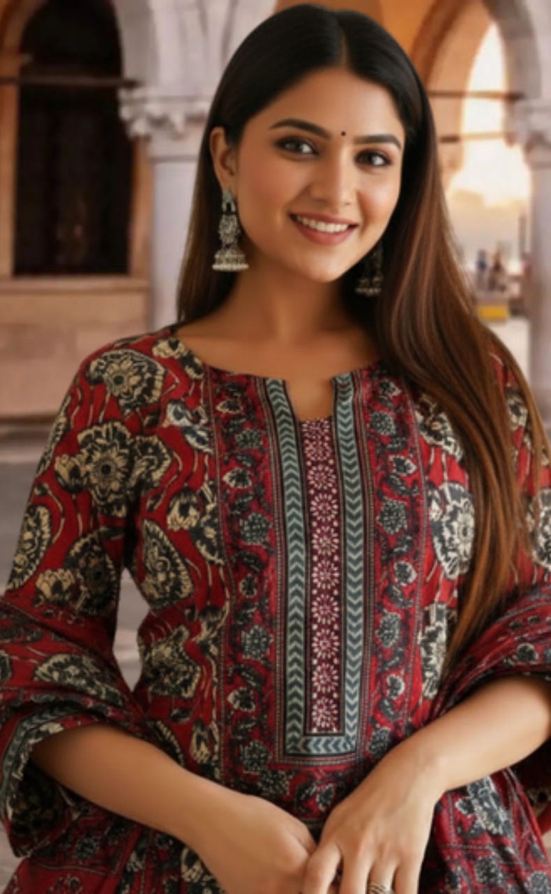Maroon Ajrakh Print Jaipur Cotton Kurti With Pant And Dupatta Set. Pure Versatile Cotton. | Laces and Frills