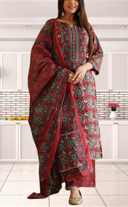 Maroon Ajrakh Print Jaipur Cotton Kurti With Pant And Dupatta Set. Pure Versatile Cotton. | Laces and Frills - Laces and Frills
