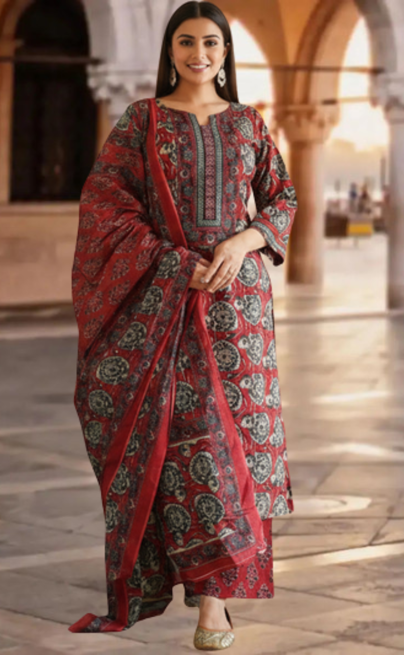 Maroon Ajrakh Print Jaipur Cotton Kurti With Pant And Dupatta Set. Pure Versatile Cotton. | Laces and Frills